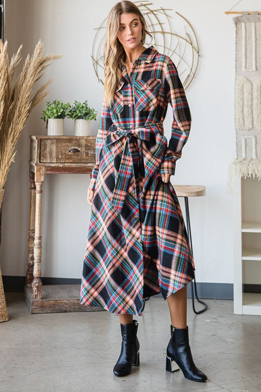 JADE BY JANE Red Plaid Midi Belted Shirt Dress