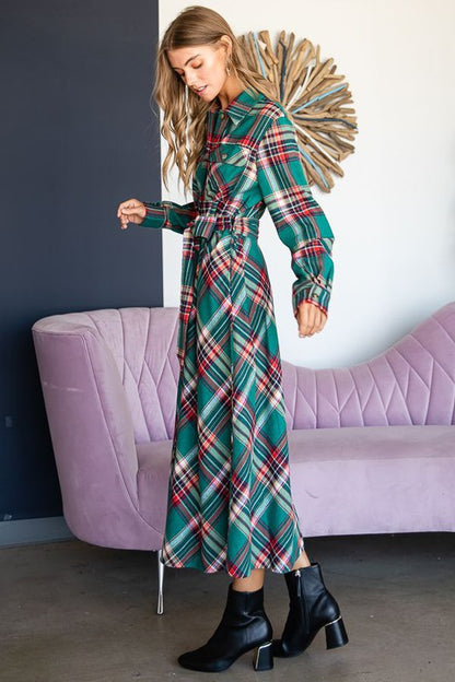 JADE BY JANE Red Plaid Midi Belted Shirt Dress