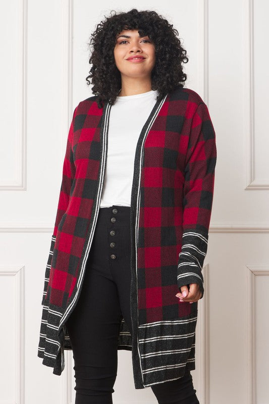 EG FASHION Long plus Buffalo Plaid Stripe Trim Open winter Cardigan