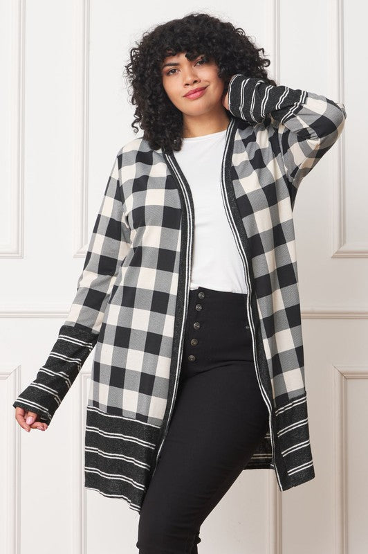 EG FASHION Long plus Buffalo Plaid Stripe Trim Open winter Cardigan