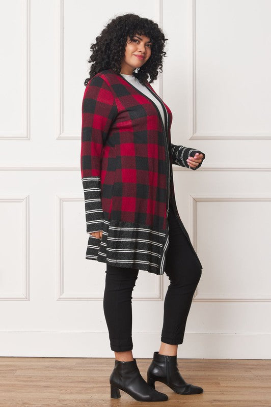 EG FASHION Long plus Buffalo Plaid Stripe Trim Open winter Cardigan