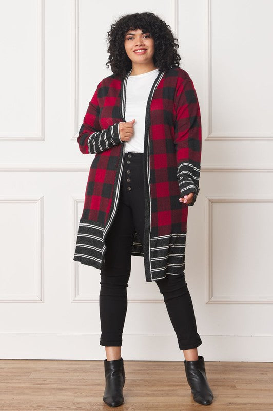 EG FASHION Long plus Buffalo Plaid Stripe Trim Open winter Cardigan