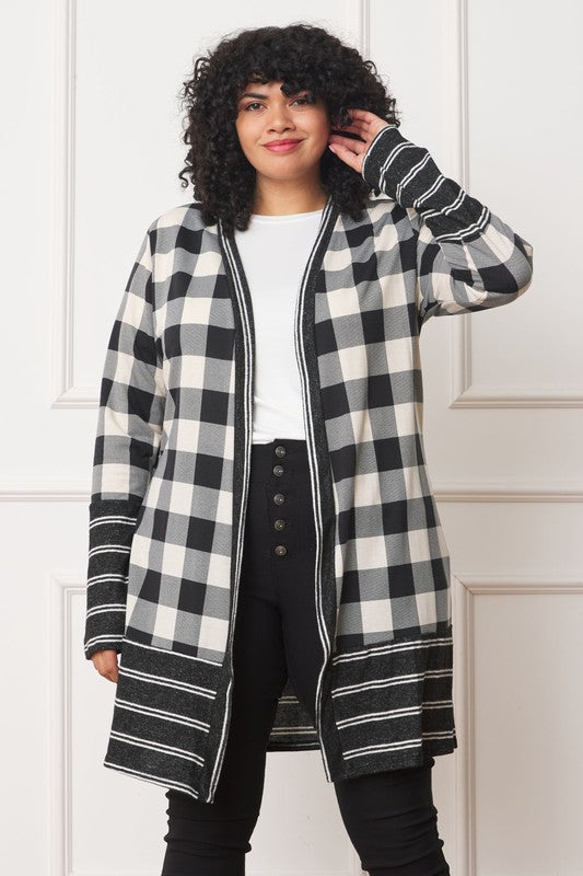 EG FASHION Long plus Buffalo Plaid Stripe Trim Open winter Cardigan