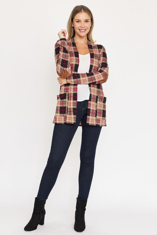 EG FASHION Plus-size Plaid Contrast Elbow Patch Cardigan