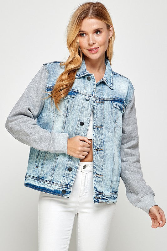 BLUE AGE Women's Light Blue Denim Jacket with Fleece Hoodies