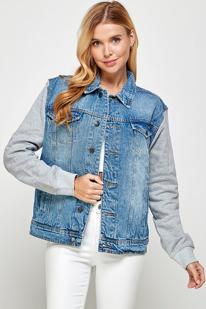 BLUE AGE Women's Medium Blue Denim Jacket with Fleece Hoodies