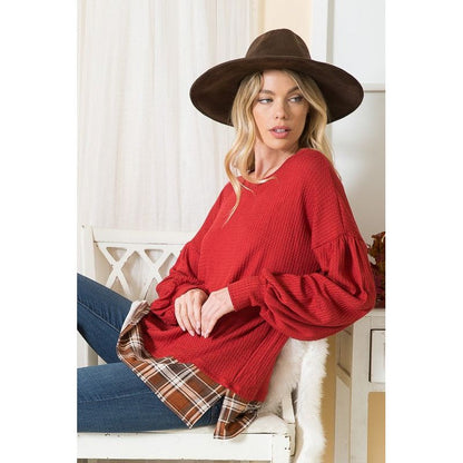 ORANGE FARM Balloon Sleeve Top with Plaid Print Contrast