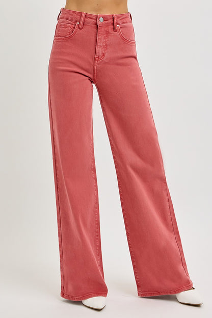 RISEN Full Size High Rise Tummy Control Wide Leg Jeans in Red Brick color