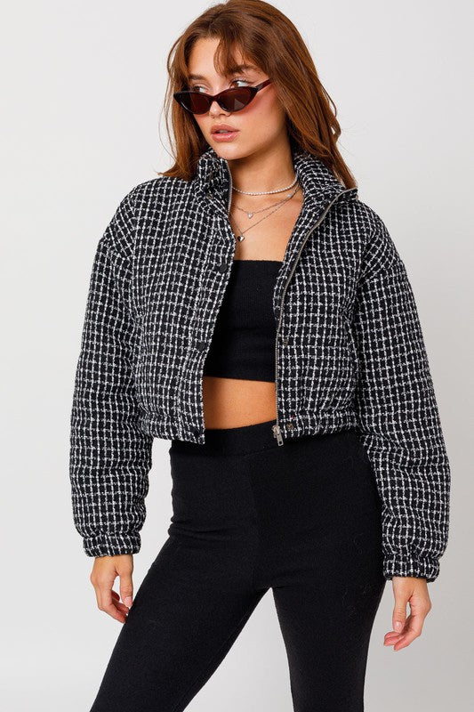 LE LIS Tweed Crop Puffer Coat Jacket