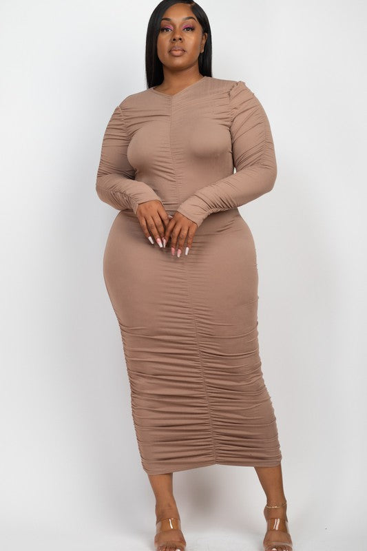 CAPELLA Curvy Plus Size Ruched Long Sleeve Midi Dress