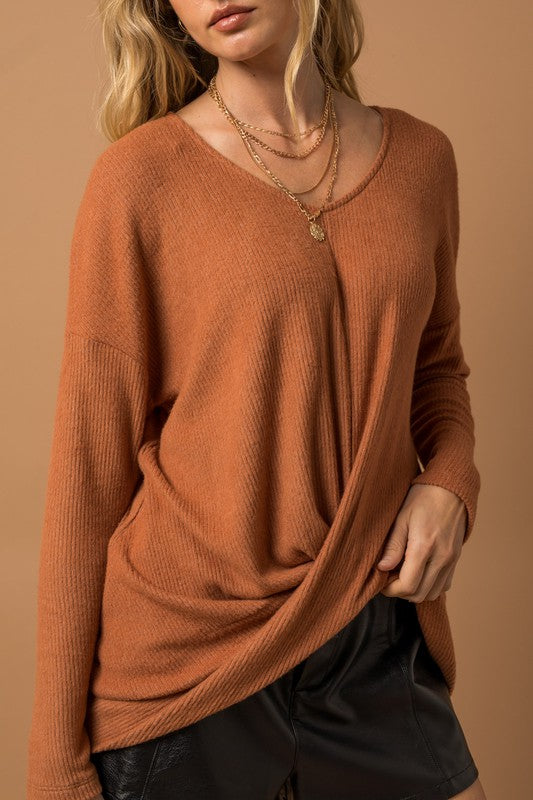 GILLI Long Sleeve V-Neck Draped Sweater Blouse