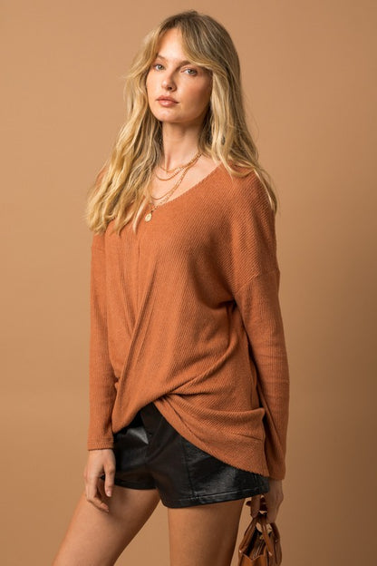 GILLI Long Sleeve V-Neck Draped Sweater Blouse