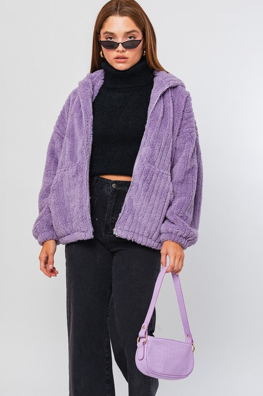 LE LIS Purple Oversized Fleece Hooded Jacket