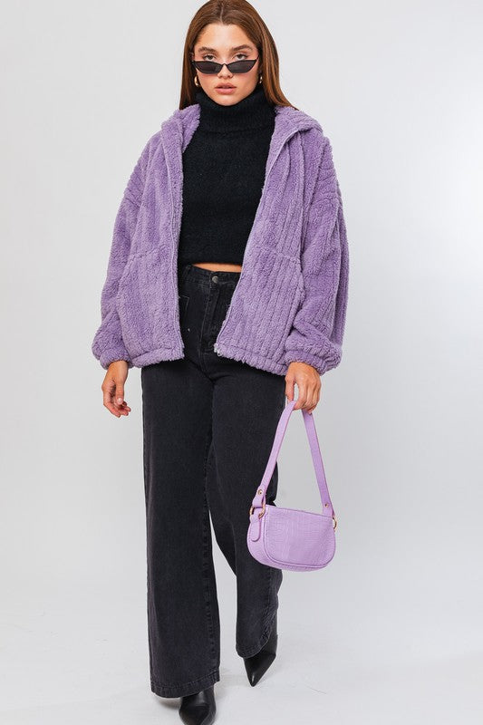 LE LIS Purple Oversized Fleece Hooded Jacket