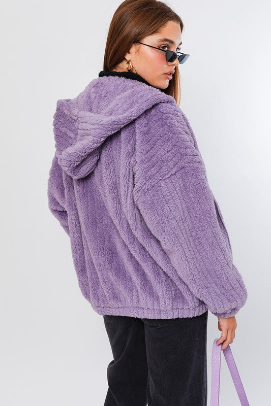 LE LIS Purple Oversized Fleece Hooded Jacket