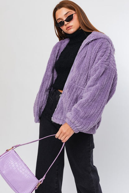 LE LIS Purple Oversized Fleece Hooded Jacket