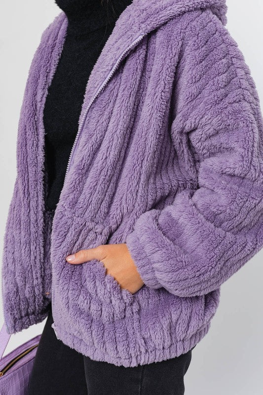 LE LIS Purple Oversized Fleece Hooded Jacket