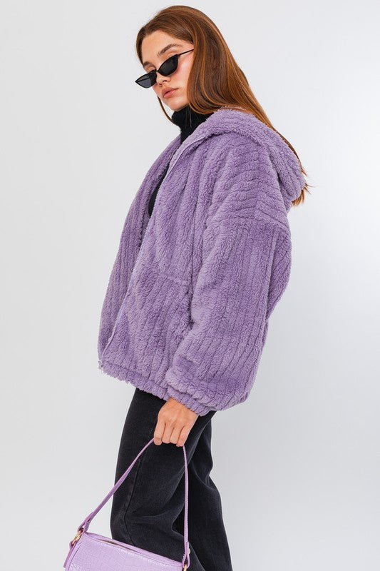 LE LIS Purple Oversized Fleece Hooded Jacket