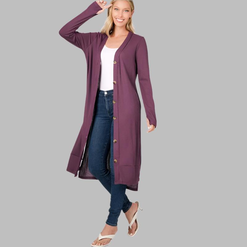 ZENANA Casual Long Buttoned Ribbed Cardigan with Side Splits