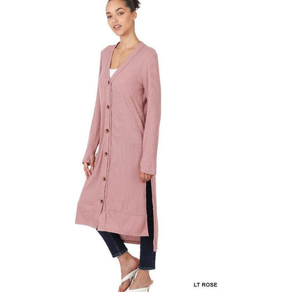 ZENANA Casual Long Buttoned Ribbed Cardigan with Side Splits