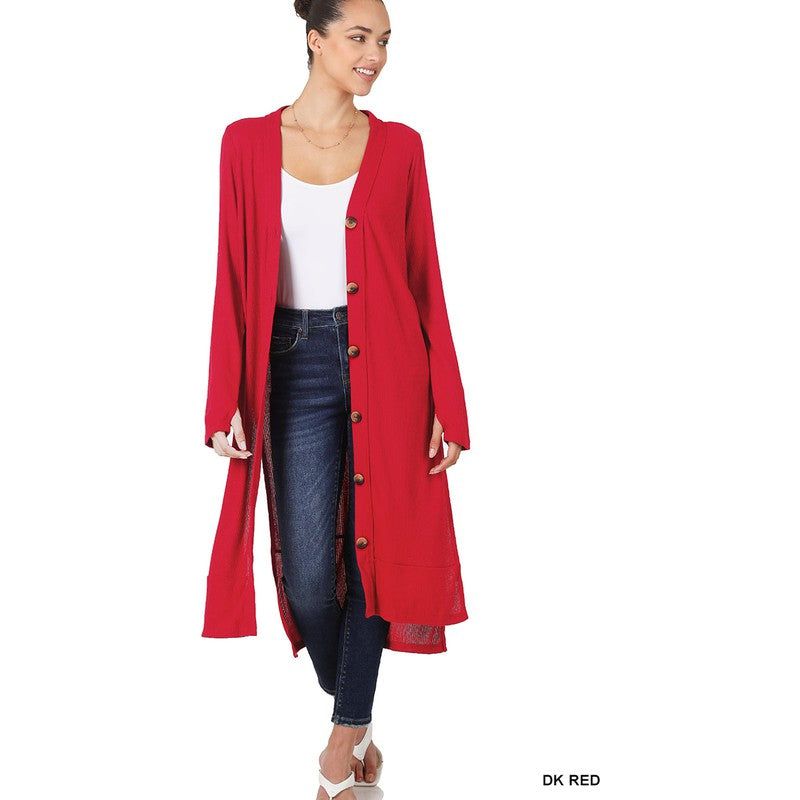 ZENANA Casual Long Buttoned Ribbed Cardigan with Side Splits