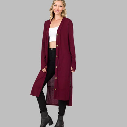 ZENANA Casual Long Buttoned Ribbed Cardigan with Side Splits