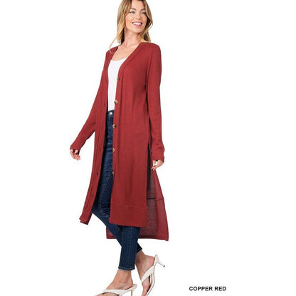 ZENANA Casual Long Buttoned Ribbed Cardigan with Side Splits