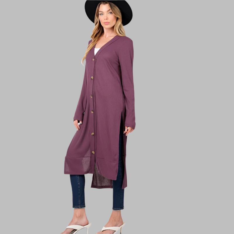 ZENANA Casual Long Buttoned Ribbed Cardigan with Side Splits