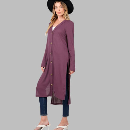 ZENANA Casual Long Buttoned Ribbed Cardigan with Side Splits