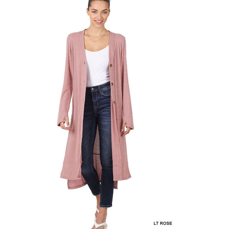 ZENANA Casual Long Buttoned Ribbed Cardigan with Side Splits