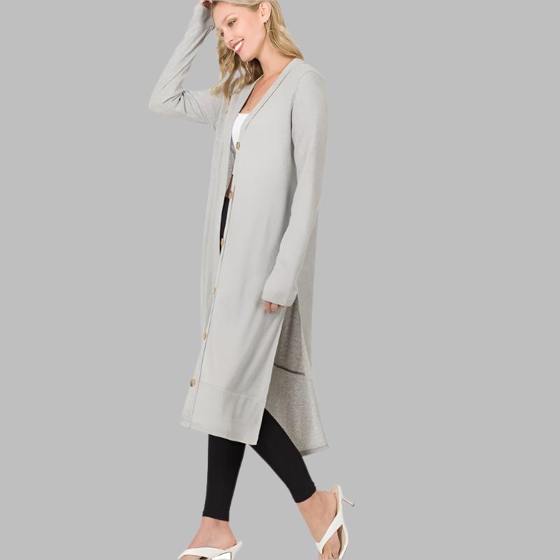 ZENANA Casual Long Buttoned Ribbed Cardigan with Side Splits