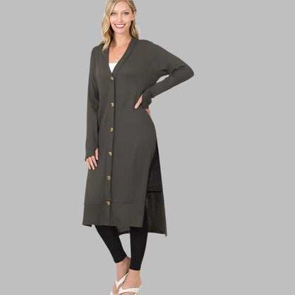 ZENANA Casual Long Buttoned Ribbed Cardigan with Side Splits