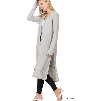 ZENANA Casual Long Buttoned Ribbed Cardigan with Side Splits