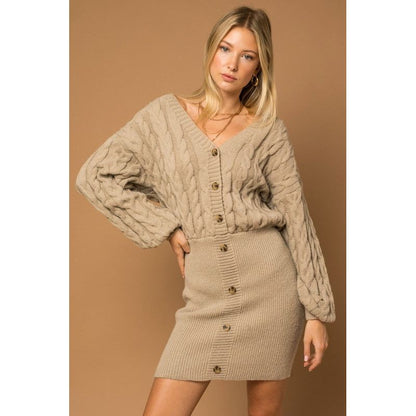 GILLI Beige Cable Buttoned Down Mini Sweater Dress