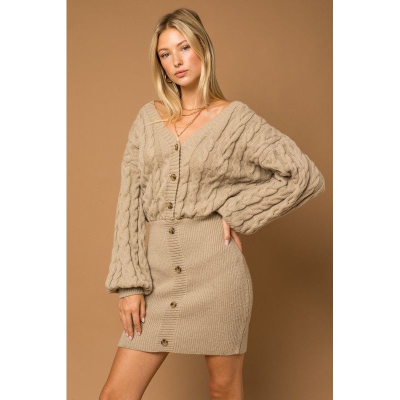 GILLI Beige Cable Buttoned Down Mini Sweater Dress