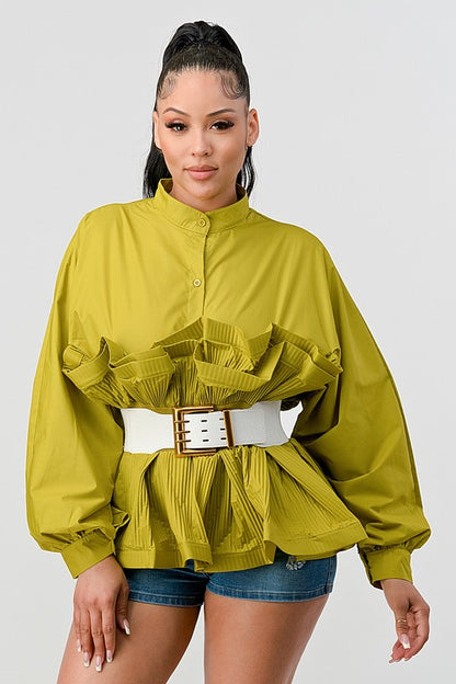 ATHINA Pleated Belted Ruffle Waist Blouse