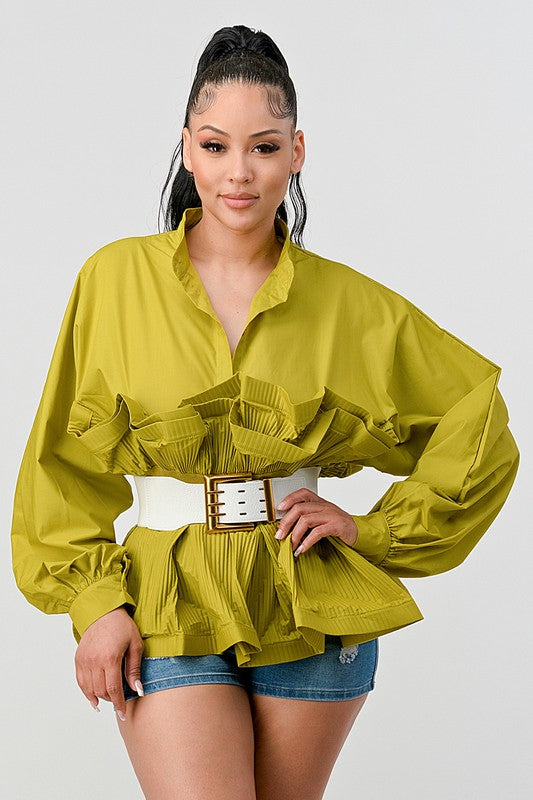 ATHINA Pleated Belted Ruffle Waist Blouse