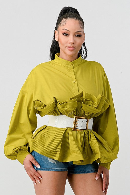 ATHINA Pleated Belted Ruffle Waist Blouse