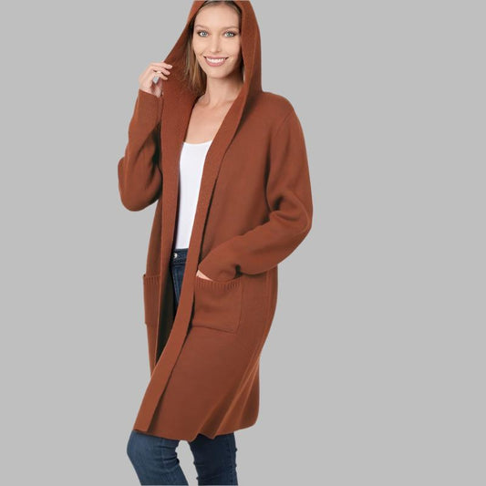 ZENANA Warm Hooded Open Front Cardigan with Pockets