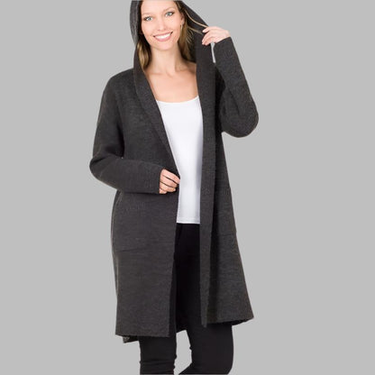 ZENANA Warm Hooded Open Front Cardigan with Pockets