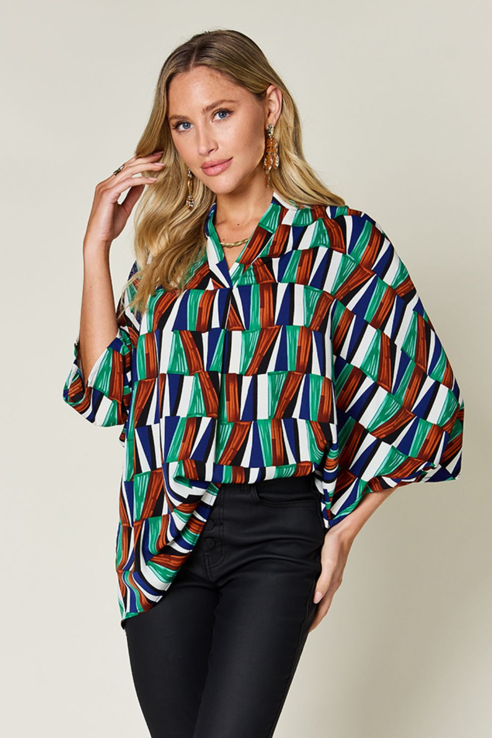 DOUBLE TAKE Full Size Geometric Notched Raglan Sleeve Blouse