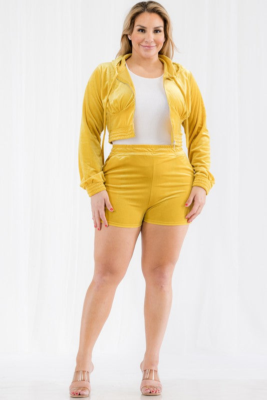 CAPELLA Plus Size Velour Crop Zip Up Hoodie and Shorts Set