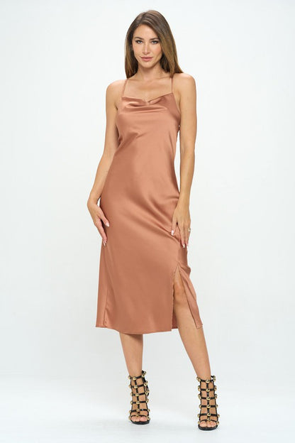 RENEE C. Romantic Stretch Silky Satin Bias Slip Dress with Slit