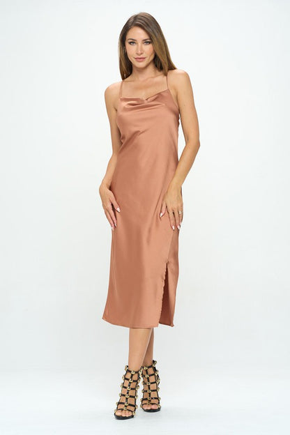 RENEE C. Romantic Stretch Silky Satin Bias Slip Dress with Slit