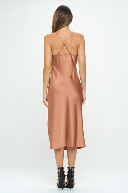 RENEE C. Romantic Stretch Silky Satin Bias Slip Dress with Slit