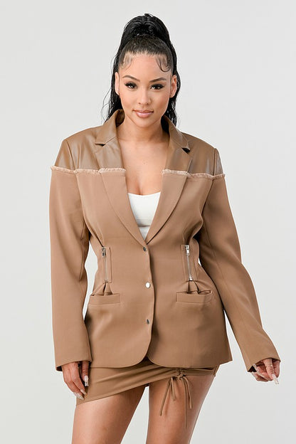 ATHINA Taupe PU Jacket & Skirt Set