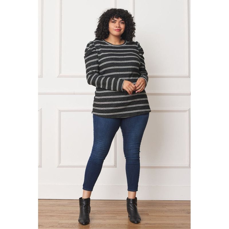 EG FASHION Plus Shirred Puff Sleeve Stripe Top