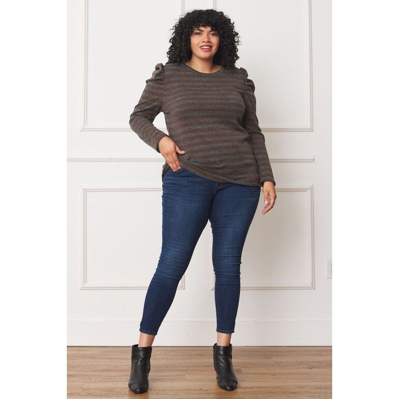 EG FASHION Plus Shirred Puff Sleeve Stripe Top