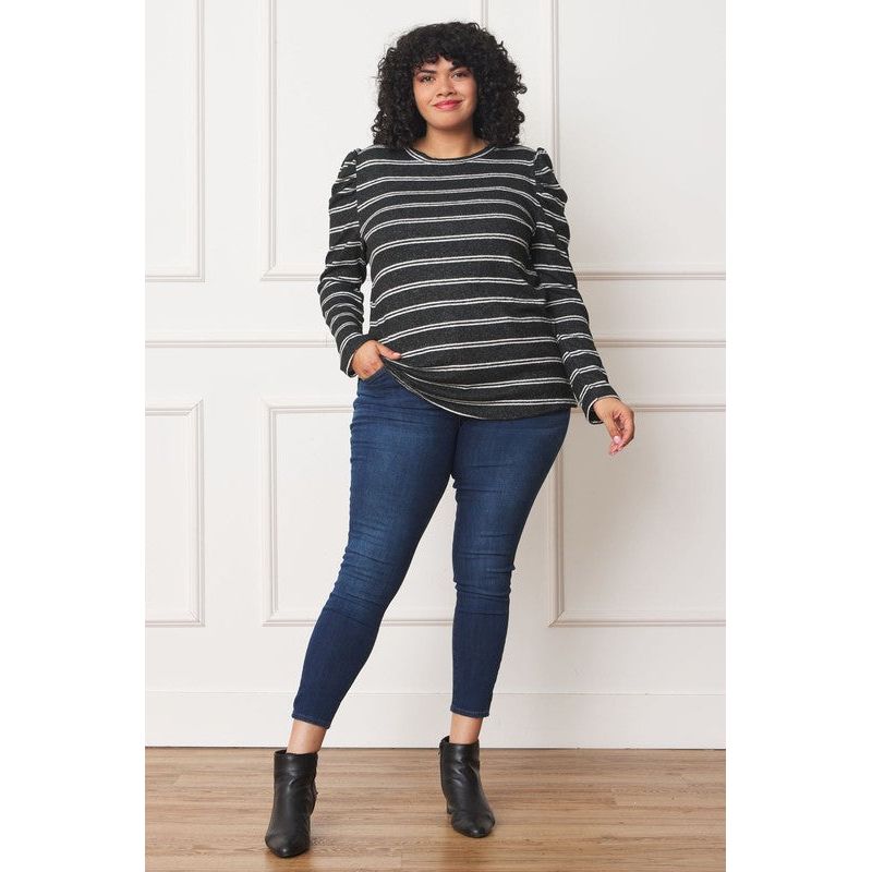 EG FASHION Plus Shirred Puff Sleeve Stripe Top