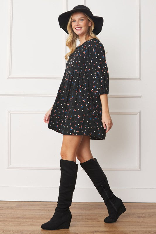 Plus Abstract Polka Dot Bishop Sleeve Mini Dress